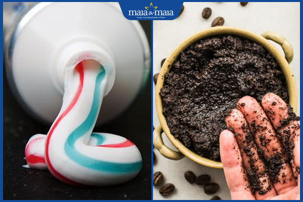 kem đánh răng và bã cà phê