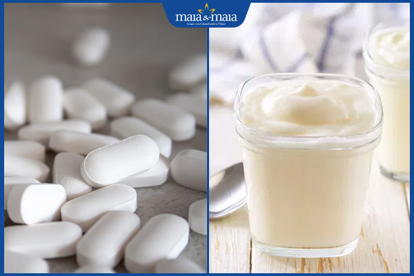 viên vitamin và sữa chua