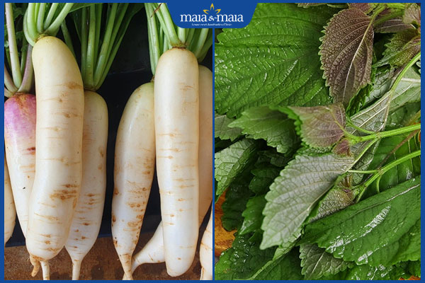 củ cải trắng và lá tía tô